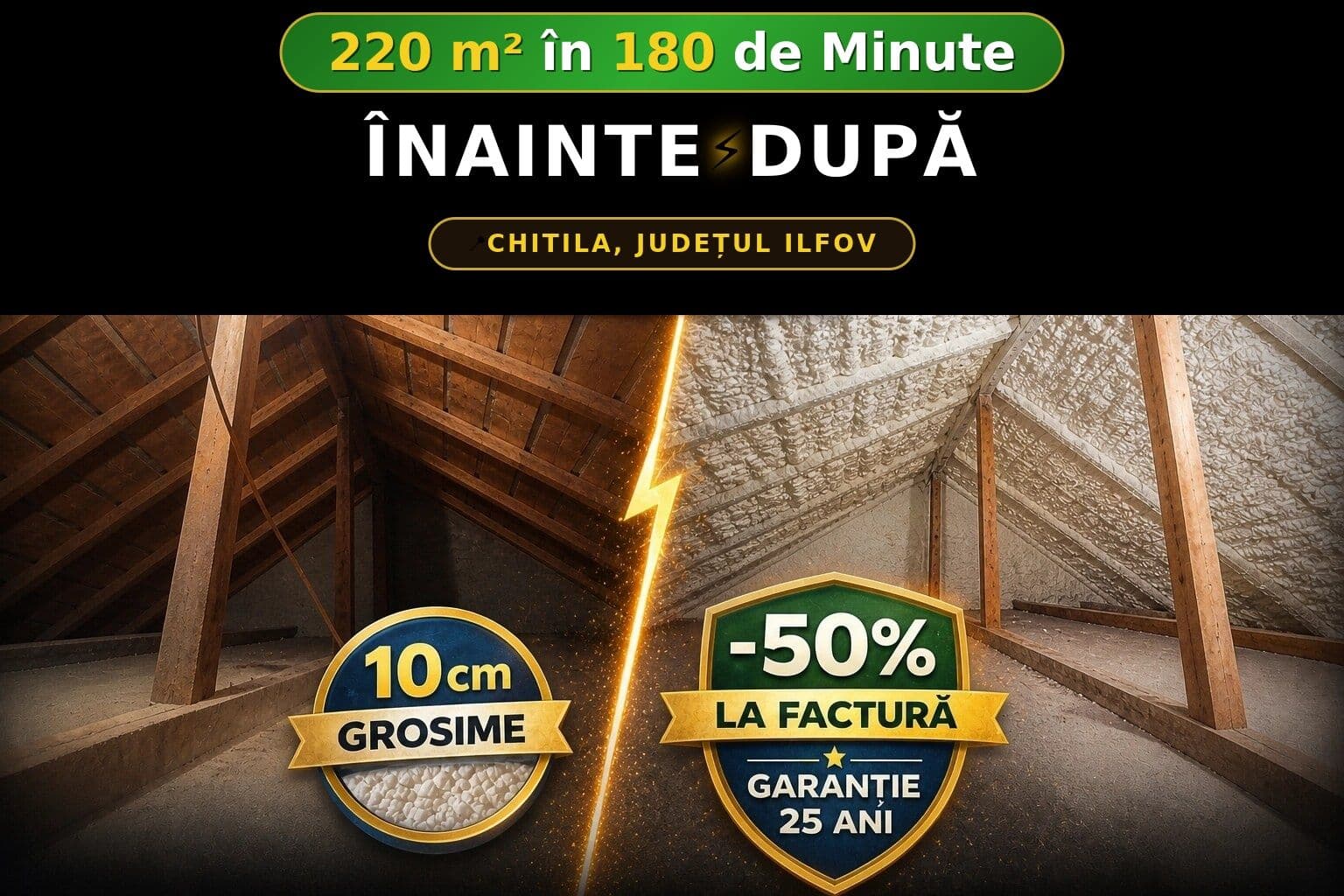 Izolație tavan spumă poliuretanică celulă închisă înainte și după – 100 m², 5 cm grosime, 70 de minute, Cartierul Berceni, București