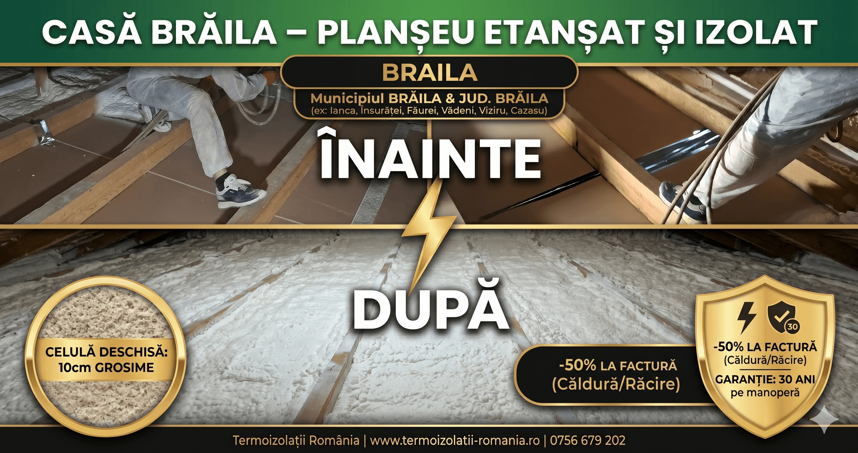 Izolație plafon spumă poliuretanică celulă deschisă înainte și după – 220 m², 10 cm grosime, 210 minute, Brăila
