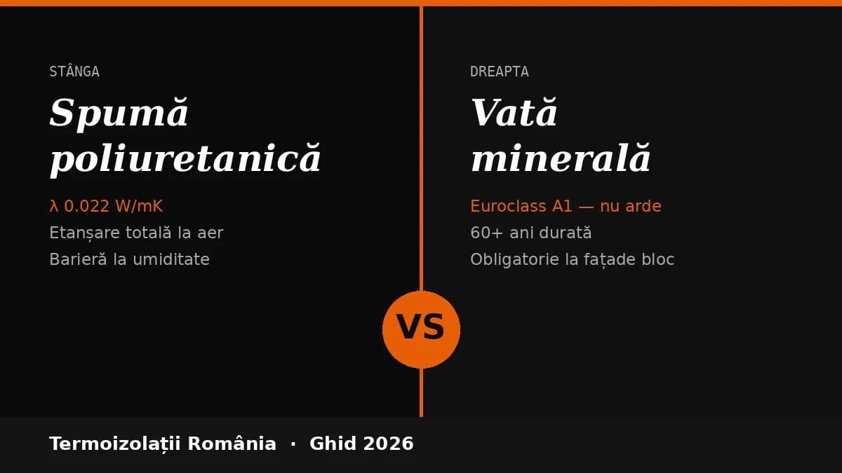 Comparație spumă poliuretanică versus vată minerală pentru izolație termică: conductivitate termică, rezistență la foc și durată de viață