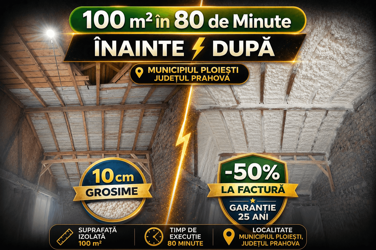 Izolație cu spumă poliuretanică în Municipiul Ploiești, Prahova – comparație înainte și după aplicare.