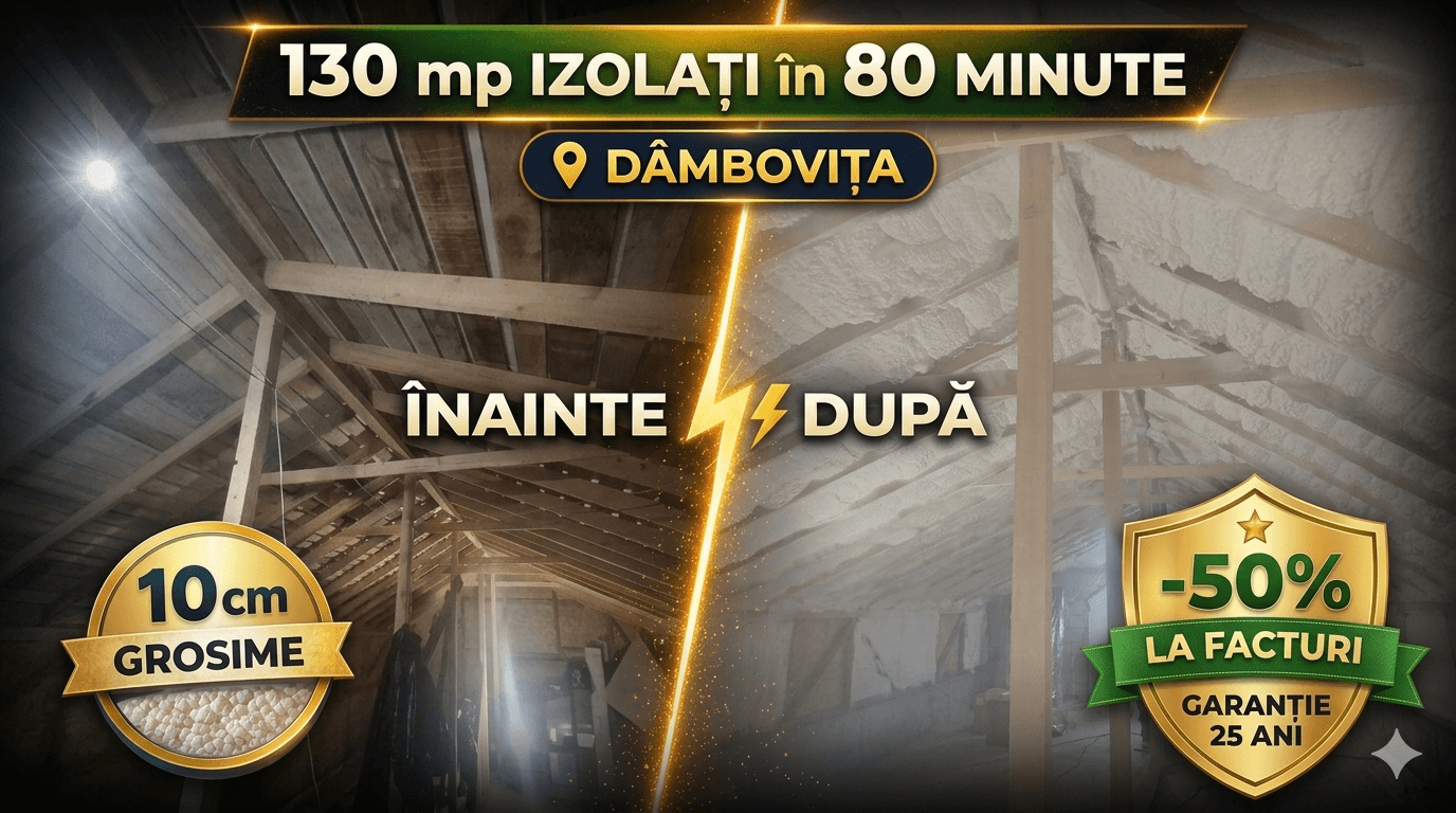 Izolație pod și pereți interiori cu spumă poliuretanică celulă deschisă 10 cm, 130 m², Comuna Niculești, județul Dâmbovița – Termoizolații România